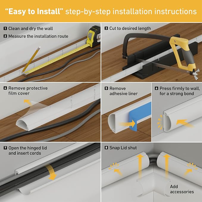 D-Line 157in Cord Hider Kit, Patented Cable Cover, Hide Wires on Wall, Channel for TV Mount Cords, Raceway Wire Hiders, Paintable, Adhesive, Half Round, 10x 0.78in W x 0.39in H x 15.7in L, Beige - Image 8