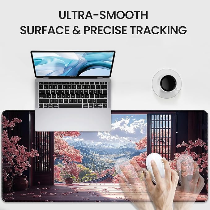 Extended Gaming Mouse Pad, Japanese Cherry Blossom Mountain Design, 35.4 x 15.7 Inches, Microfiber Cloth, Non-Slip Rubber Base, Stitched Edges