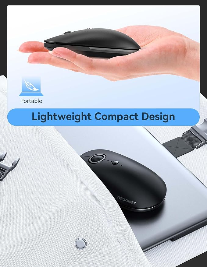 TECKNET Computer Mouse, 2.4Ghz Silent USB-A Wireless Mouse, 4800 DPI Ambidextrous Quiet Click for Travel, Slim Portable Wireless Mice Compatible with PC Laptop MacBook (Black & Grey)