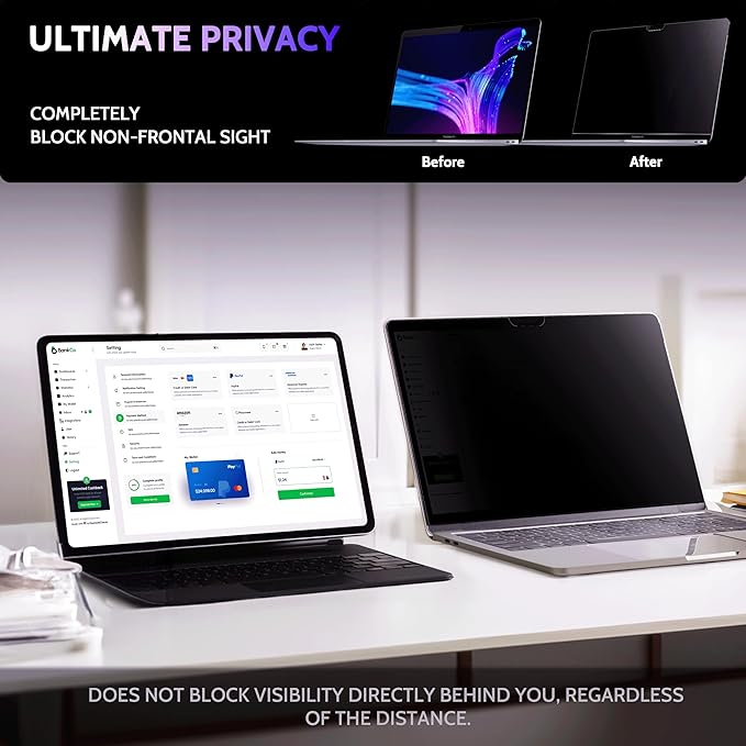 Peslv Privacy Screen for MacBook Pro 13 In (2016-2022, M1, M2) & MacBook Air 13 Inch (2018-2021, M1), MagicSuction™ Removable Anti Spy Black Protector, Glare Blue Light Filter for Mac Laptop Computer