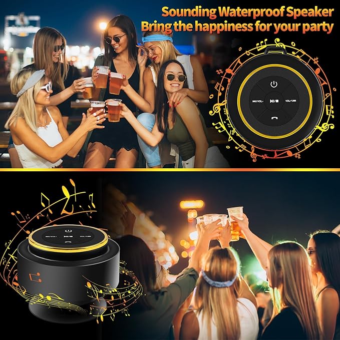Bluetooth Shower Speaker with Carabiner, Portable Bluetooth Speakers with Suction Cup, IP67 Waterproof, Wireless, Floating, for Camping Beach Travel, Gift for Men, Women