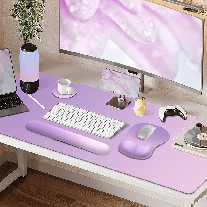 4-in-1 Large Gaming Mouse Pad, Keyboard Wrist Rest Pad & Wrist Support Mousepad Set, Extended Desk Pad Waterproof Desk Mat for Home Office Decor Study Game 35.4×15.7 Inches I Purple Pink Lavender