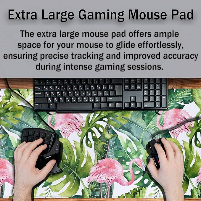 Gaming Mouse Pad Game Mat Pc Mouse Pads Large Desk Pads Computer Desk Pad Waterproof Non-Slip Rubber Base 35.4" X 15.7" for Game Office, Watercolor Tropical Palm Tree with Flamingo