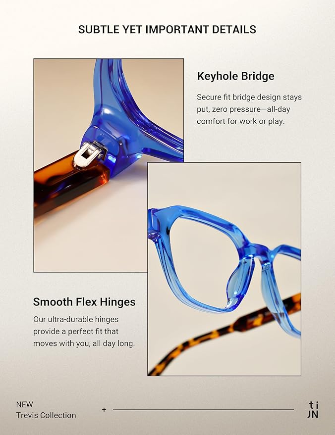 TIJN Blue Light Blocking Glasses, Anti Eyestrain UV Protection, TR90 Square Frame Glasses Chic Preppy Look for Women and Men