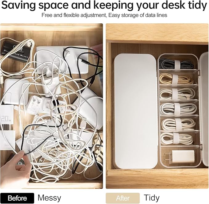 Cable Organizer Storage Box with 7 Wire Ties,Desktop Cable Management Box with Lid,Power Cord Organizer with 7 Compartments for Office,Home,Desk Accessories Storage Stationery Supplies White