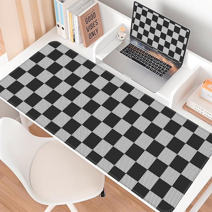 Desk Mat,Big Desk Pad,31.5 x 11.5in Extended Gaming Mouse Pad,Large Mouse Pad for Desk Rubber Base Mousepad with Stitched Edges,Keyboard Mouse Mat for Work Game Office Home - Black Grey Chessboard