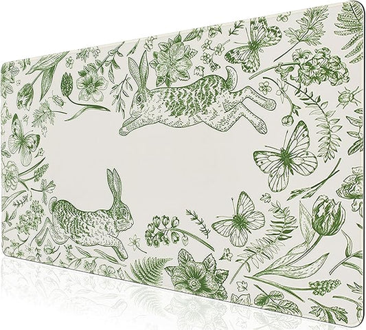 L-SPOUTTO Green Floral Desk Mat for Keyboard and Mouse,Cute XXL Gaming Mouse Pad,Large 35.4x15.7in Non-Slip Rubber Base Keyboard Pad Waterproof Desktop Mat for Laptop Computer Work Home Office-Rabbits