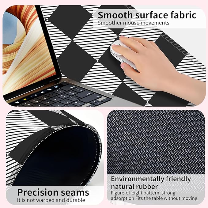 Desk Mat,Big Desk Pad,31.5 x 11.5in Extended Gaming Mouse Pad,Large Mouse Pad for Desk Rubber Base Mousepad with Stitched Edges,Keyboard Mouse Mat for Work Game Office Home - Black Grey Chessboard