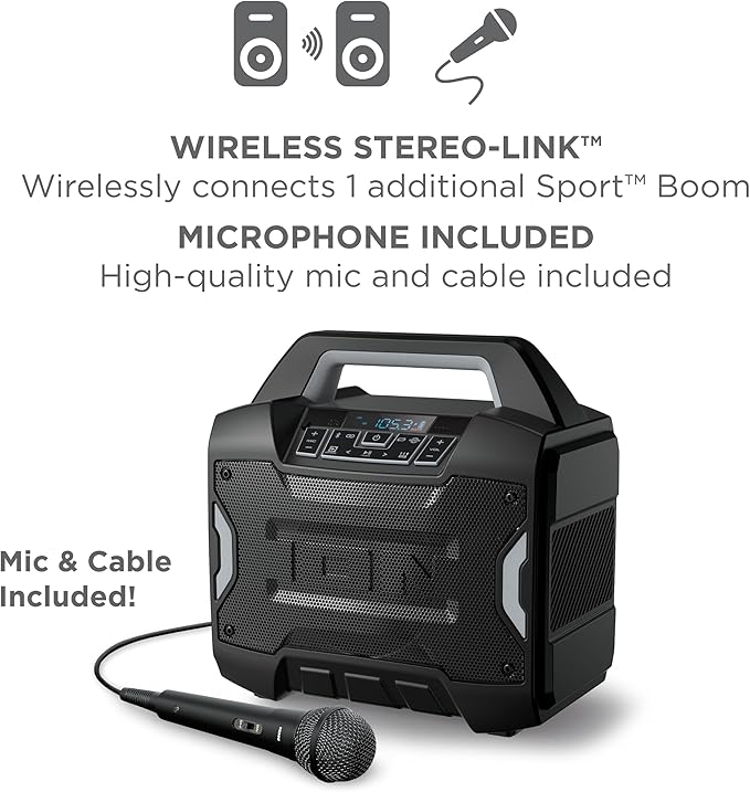 ION Sport Boom - Portable 60W Outdoor Bluetooth Speaker with Microphone, IPX5 Water-Resistant, 15-Hour Battery, FM Radio, USB Port, App