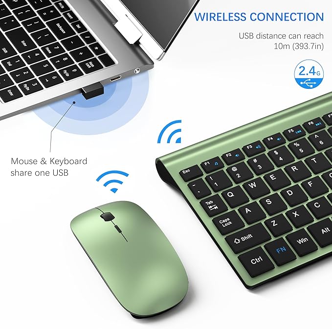 Wireless Keyboard and Mouse Ultra Slim Combo, TopMate 2.4G Silent Compact USB 2400DPI Mouse and Scissor Switch Keyboard Set with Cover, Batteries Included, for PC/Laptop/Windows/Mac - Green Black