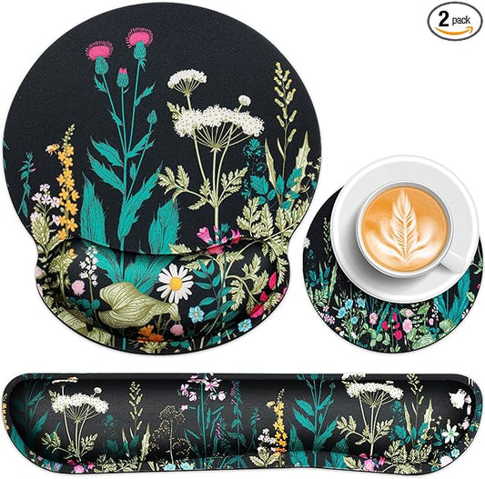Mouse Pad with Wrist Rest Set, Qomolama 3-in-1 Wrist Support Mouse Pad Set, Floral Gaming Mousepad with Anti-Skid Base,Ergonomic Mouse Pad,Memory Foam Keyboard Gel Wrists Rest
