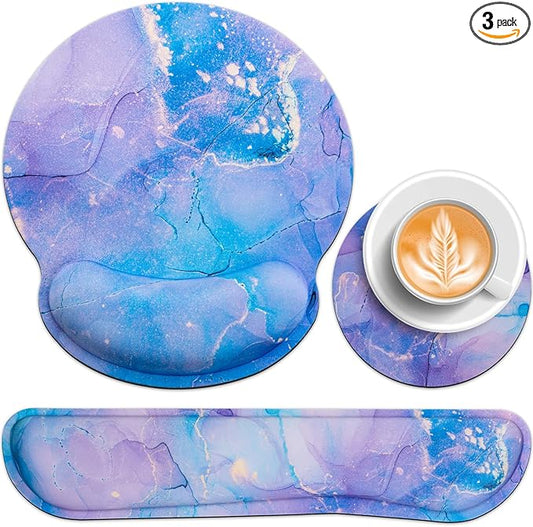 Mouse Pad Purple, Mouse Pad with Wrist Rest Set, 3-in-1 Wrist Support Mousepad Set,Gaming with Anti-Skid Base,Ergonomic Memory Foam Keyboard Gel Wrist Rest