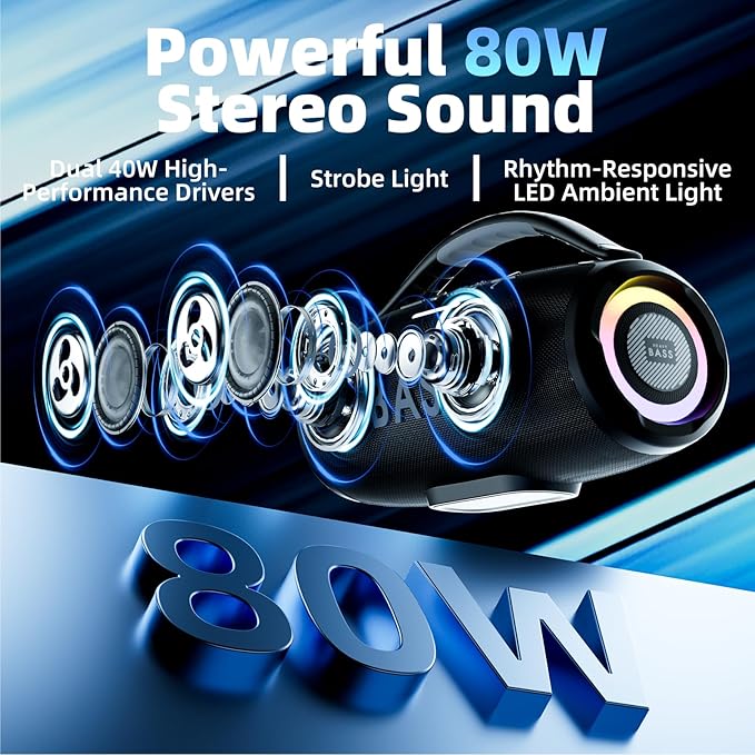 HEAVY BASS Speakers Bluetooth Wireless, 80W Max Loud Portable Speaker with Bass, 20H Playtime, IPX6 Waterproof, Dual Pairing, Gift Ideal for Adults Men Women Teen Boys Girls (Black, Large)
