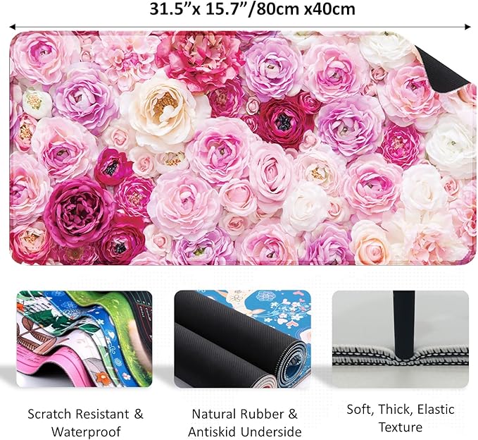 Pink Rose Desk Mat for Keyboard and Mouse，Computer Desk Matt for Desktop，Large Mouse Pad for Desk，Desk Pads on Top of Desks 15.7" x 31.5"