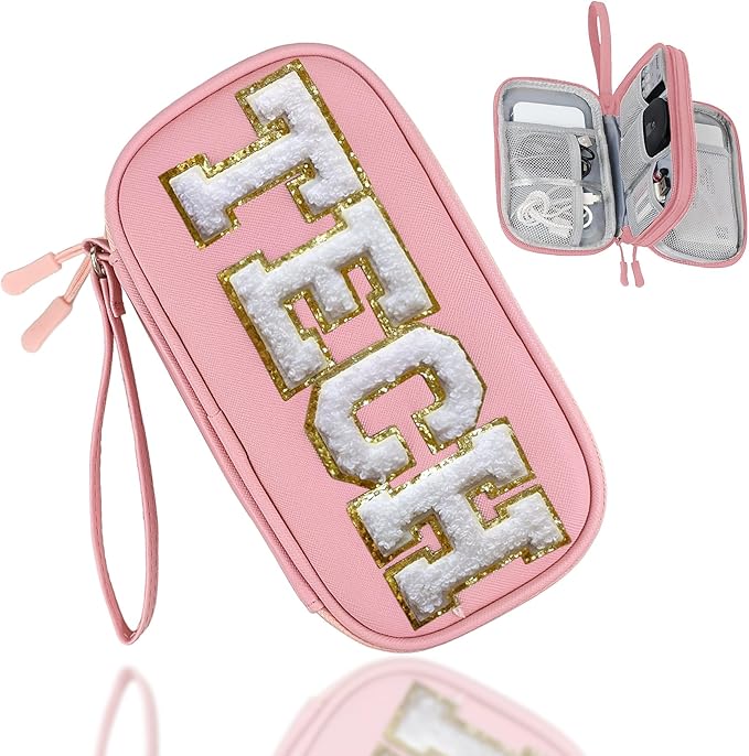 COSHAYSOO Personalized Electronics Travel Organizer Cable Management Case Phone Charger Charging Cords Tech Accessories Pouch, Unique Trip Gifts for Women Traveler College Teen Girls Vacation Pink
