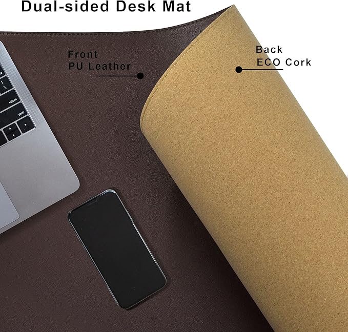 Cacoy Large Desk Mat 48" x 24" Leather Desk Pad Protector with Cork & PU Leather, Dual-Sided Office Desk Mat, Large Mouse Pad, Waterproof Desk Blotter Pad for Office and Home (Brown)