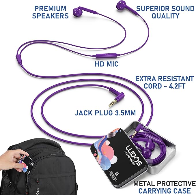 LUDOS FEROX Wired Earbuds in-Ear Headphones, 5 Year Warranty, Earphones with Microphone, Noise Isolation Corded for 3.5mm Jack Ear Buds for iPhone, Samsung, Laptop, Kids, School Students - Purple