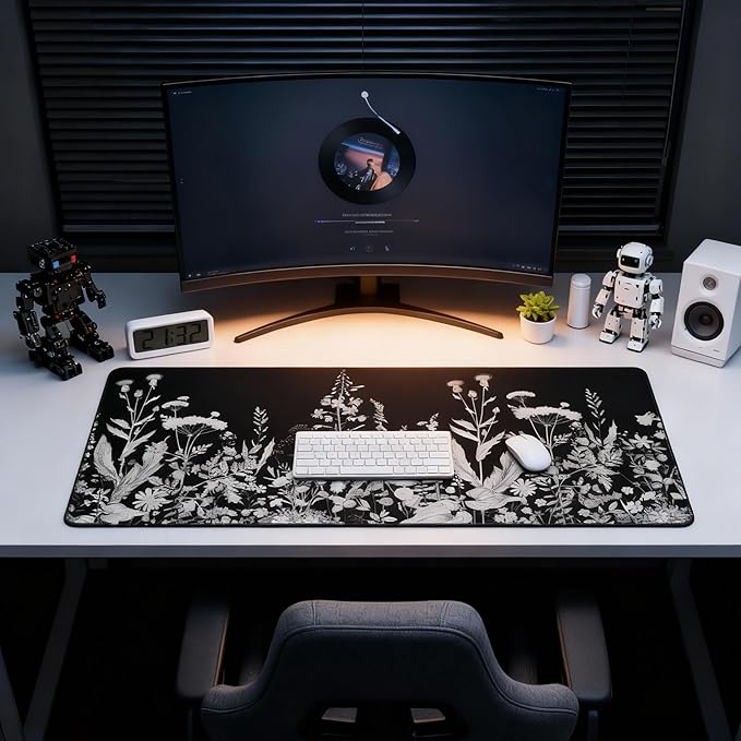 Large Floral Mouse Pad for Women, Black White XXL Desk Mat with Anti-Slip & Stitched Edges, Aesthetic Desk Pad for Keyboard and Mouse, Cute Office Supplies & Home Decor for Computer Desktop