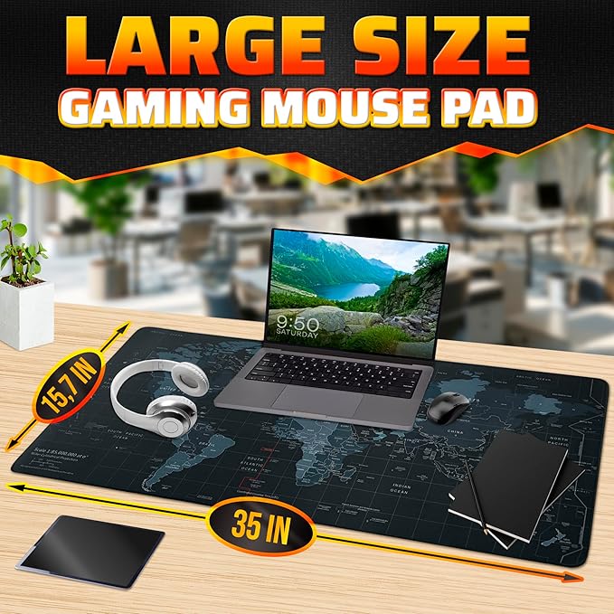 World Map Mouse Pad Large 35x15.7 - Geographical Designed XL Gaming Mouse Pad Map with Soft & Water-Resistant Coating - Easy to Clean Large Mousepads for Desk, XL Mousepad Mat for Games & Work