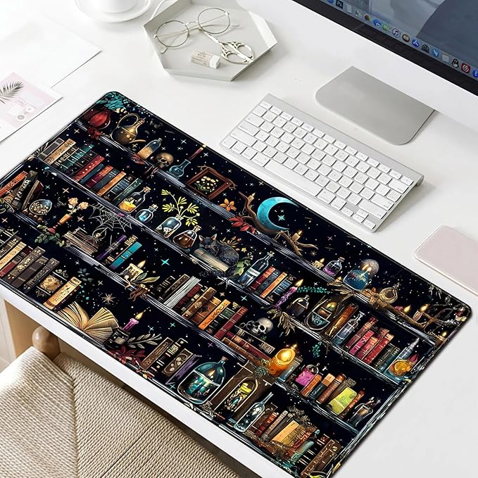 Bookshelf Desk Mat Black Library Aesthetic Desk Pad Large Gaming Mouse Pad 31.5x15.7 in Bookcase XXL Extended Mousepad Book Keyboard Mouse Mat for Work Game Office Home