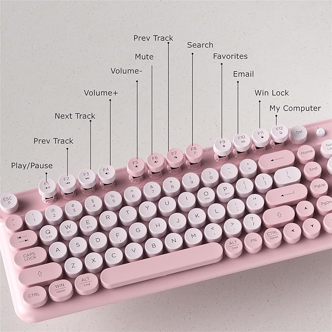 Wireless Bluetooth Keyboard - Full Size Retro Round Typewriter Style Wireless Keyboard with 2.4GHz & Bluetooth Dual-Mode Compatibility for PC, Laptop, Windows, Mac, and More (Pink)