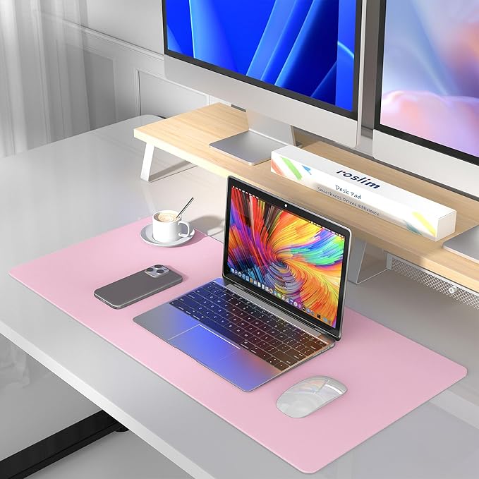 Roslim Leather Desk Pad Protector,Mouse Pad,Non-Slip Computer Mat for Desk,PU Leather Office Desk Mat for Home & Office,Waterproof Laptop Desk Blotter Pad for Keyboard and Mouse,Pink (13.7''X23.6'')
