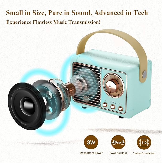 Retro Mini Speaker Vintage Decor Aesthetic Portable Wireless Speaker Built-in Mic Best Birthday Gifts Ideas Teenage,Boys,Men,Him Old Fashion Style for Home,Office,Bookshelf,Kitchen,Bedroom(Blue)