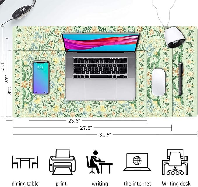 Large Mouse Pad, Green Flowers Desk Mat for Desktop, Women Girls Flowers PU Leather Waterproof Desk Pad, Computer PC Laptop Protector Gaming Mouse Pads for School Office Home 27.5" x 13.8"