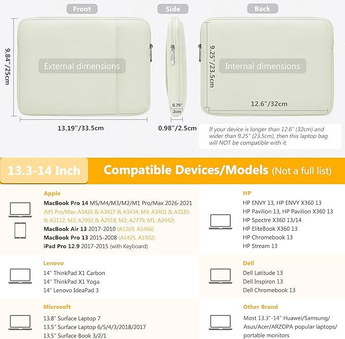 HYZUO 13.3-14 Inch Laptop Sleeve Bag Set for MacBook Pro 14 M5/M4/M3/M2/M1 Pro/Max A3426 A3427 2026-2021, MacBook Air/Pro 13.3, 13.5-13.8" Surface Book/Laptop, Notebook Case for 13.3" HP, Beige