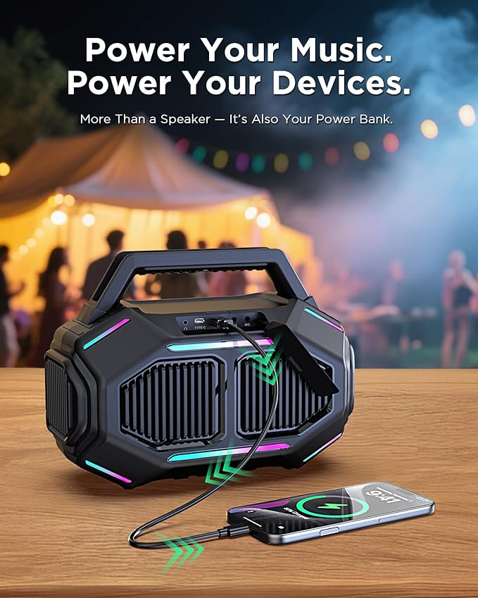 Bluetooth 6.0 Speakers Outdoor, 80W(Peak) Loud Speaker with Bass, 30H Playtime, IPX6 Waterproof, RGB Lights, BassUp 2.0, TWS, Portable Large Jobsite Speakers for Workshop, Garage,Yellow