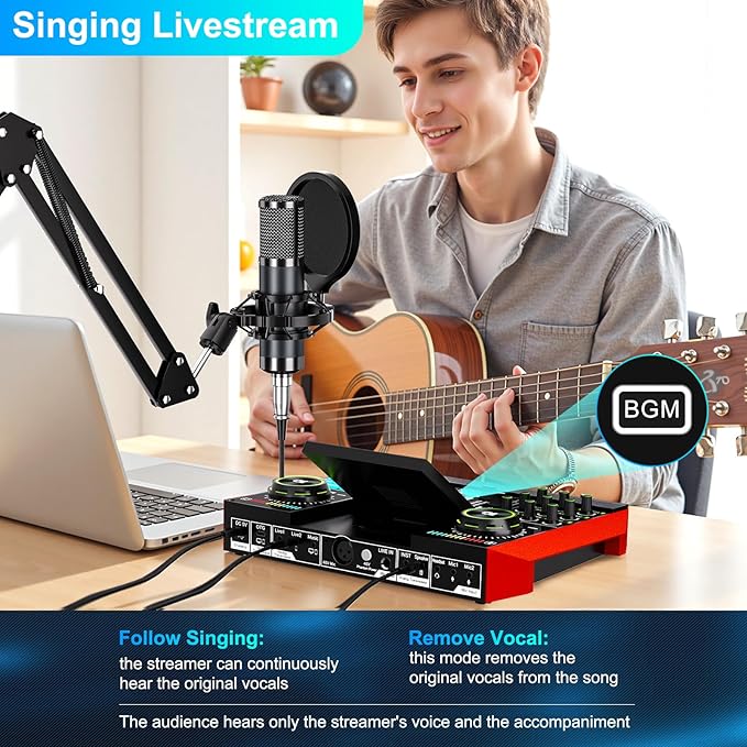 Podcast Microphone Bundle with Live Sound Board Audio Mixer, Podcast Equipment Bundle with 3.5mm Boom Mic(P15) for Pc/Phone Live Streaming Singing Gaming, Voice Changer, Denoise
