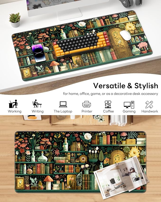 XL Gaming Mouse Pad, 31.5x15.7'' Large Desk Mat with Anti-Slip Rubber Base & Stitched Edges for Gaming, Office, Home - Boho Bookshelf