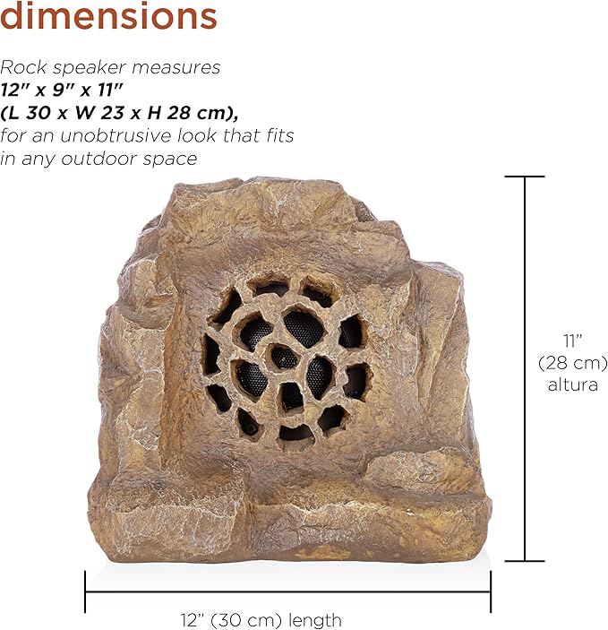 Alpine Corporation 11" Tall Solar Bluetooth Wireless Rock Speaker, Waterproof Outdoor Audio System - Portable Sound, High-Fidelity, 50-Foot Range, Brown