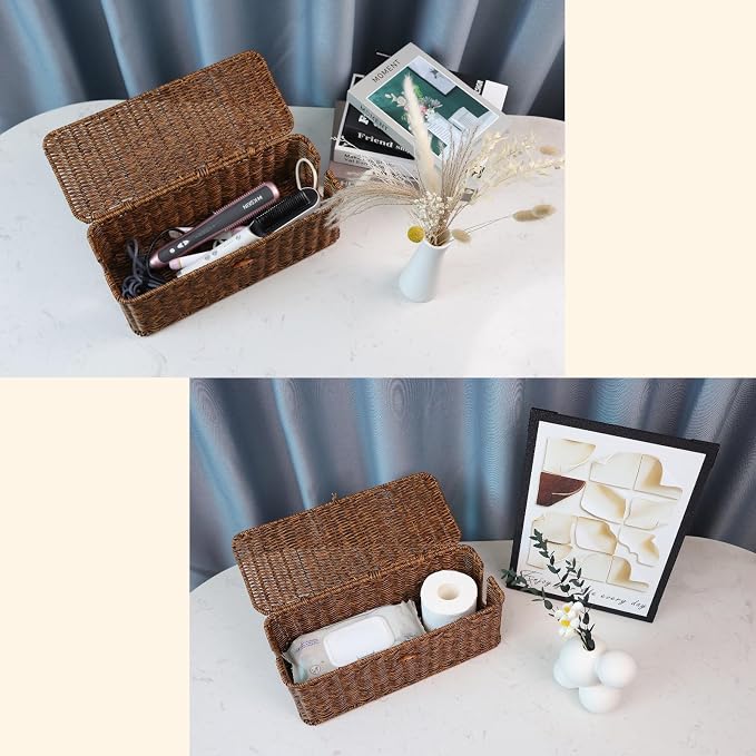 BROWNLILY Cable Management Box, Rattan Style Cord Organizer for Desk Cord Hider Outlet Covers Baby Proofing for Power Strip TV PC Router Charger Under Desk Storage with Lockable Lid and Cable Ties - Image 7