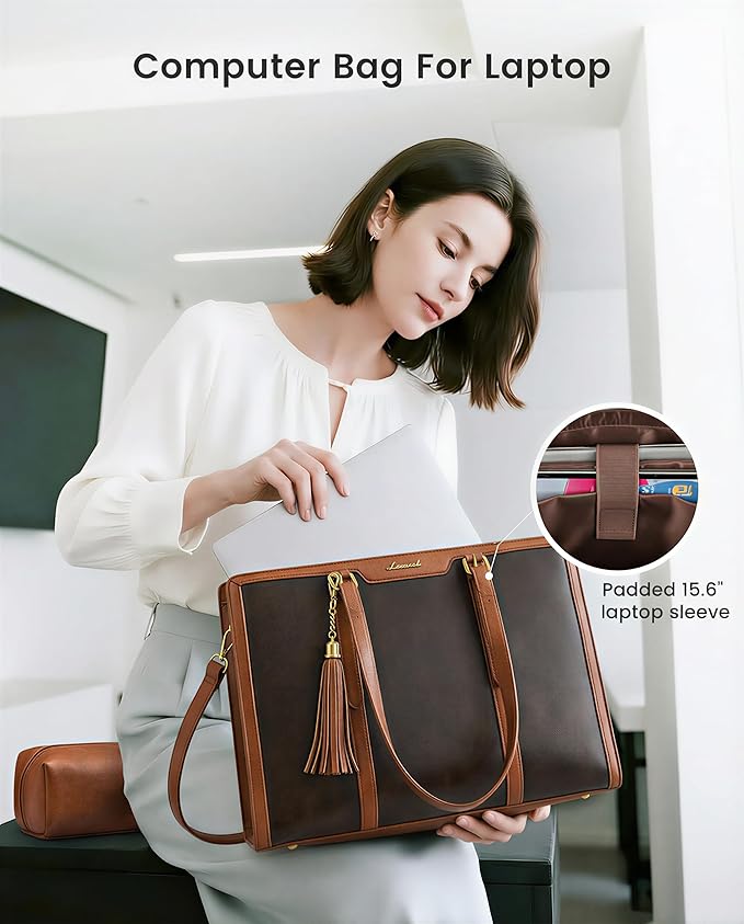 LOVEVOOK Laptop Bag for Women Vintage Leather Work Tote 15.6 inch Large Capacity Computer Bag with Clutch Purse for Teacher,Office,Casual
