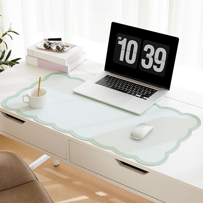 Scalloped Desk Mat, 31.5" x 15.7" Large Cute Sage Green Aesthetic Desk Accessories, PU Leather Computer Laptop Desk Mat Mouse Keyboard Pad, Desk Writing Makeup Mat for Vanity/Work/Home Decor