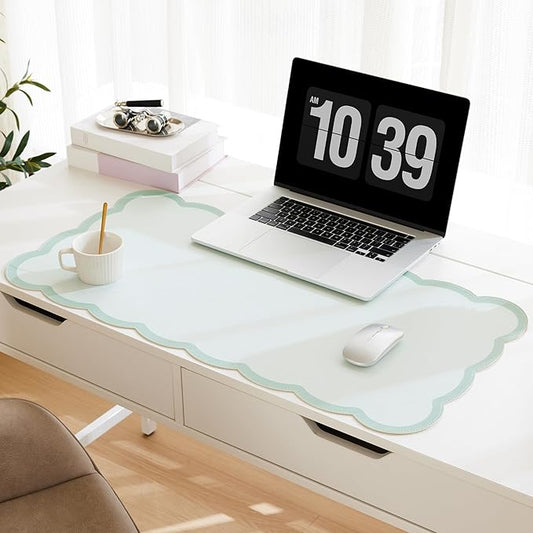 Scalloped Desk Mat, 31.5" x 15.7" Large Cute Sage Green Aesthetic Desk Accessories, PU Leather Computer Laptop Desk Mat Mouse Keyboard Pad, Desk Writing Makeup Mat for Vanity/Work/Home Decor