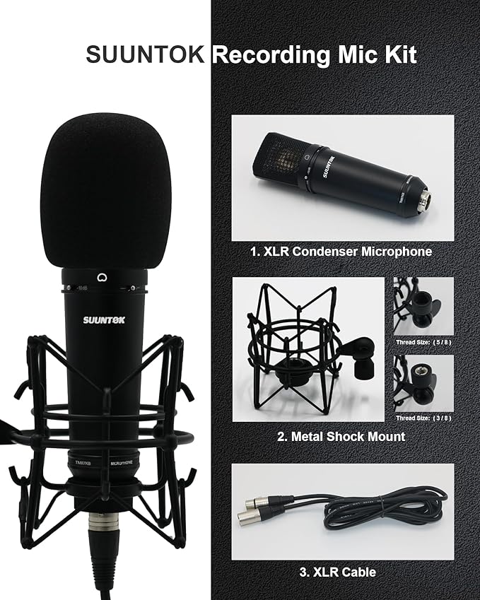 XLR Microphone, Professional Condenser Microphone with 34mm Large Diaphragm, Cardioid Studio Recording Mic Computer Gaming PC TM87KB Mic Kit for Singing, Podcasting, YouTube (Black)