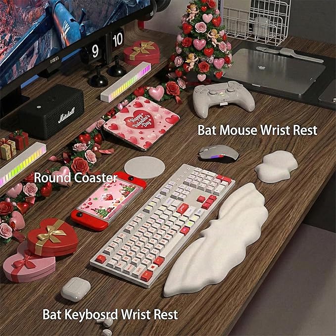 Keyboard Wrist Rest - Leather Halloween Bat Wrist Pad for Mouse Wrist Rest with Non-Slip Base, Wrist Pad for Keyboard,Arm Rest for Desk Computer Laptop Mac Gaming Office White