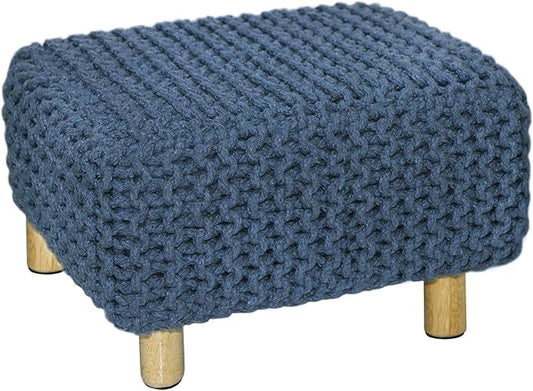 COTTON CRAFT Braided Footrest - Handknitted Dori Foot Stool with Sturdy Wood Legs – Handmade Boho Leg Rest - Small Spaces Under Desk Living Room Entryway Low Footstool Pouf - 16.5x12x9.5 - Blue