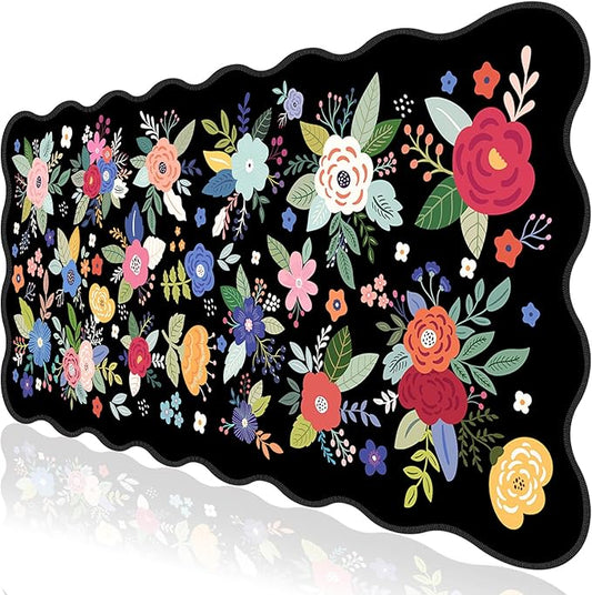 L-SPOUTTO Floral Mouse Pad,Botanical Desk Mat XXL Large Scalloped Gaming Mousepad,35.4x15.7in Non-Slip Rubber Base Keyboard Pad Waterproof Desktop Mat for Laptop Computer Game Home Office-Flowers