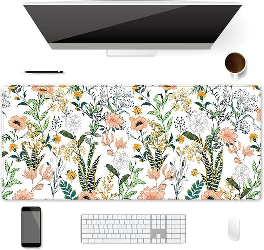XXL Waterproof Office Desk Pad Protector 35.4x15.7 Inch - Extended Gaming Mouse Pad with Non-Slip Rubber Base, Thickened Keyboard Mat, Stitched Edges & Beautiful Floral Flowers Design