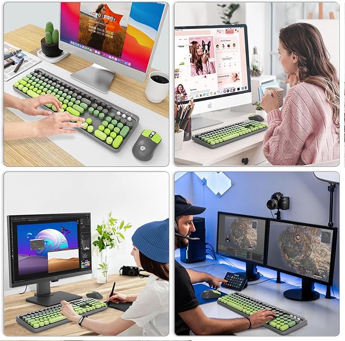 FOPETT Wireless Keyboard and Mouse Combo - 2.4G Full-Sized Cute Colorful Mouse and Keyboard with 104 Round Keys Retro Typewriter Keyboard for Laptop/Windows/PC - Green Gradient