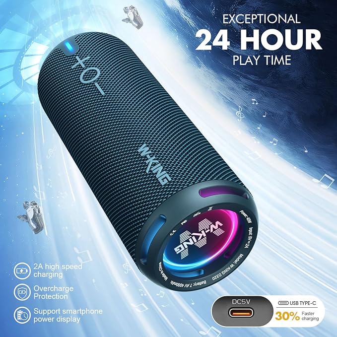 W-KING Portable Bluetooth Speakers Loud, IPX7 Waterproof Outdoor Speakers Wireless, APP Customized EQ, Dual Voice Coil/Deep Bass, 360° Sound with Lights/V5.3/TF/AUX, 40W Party Boombox Shower Speaker