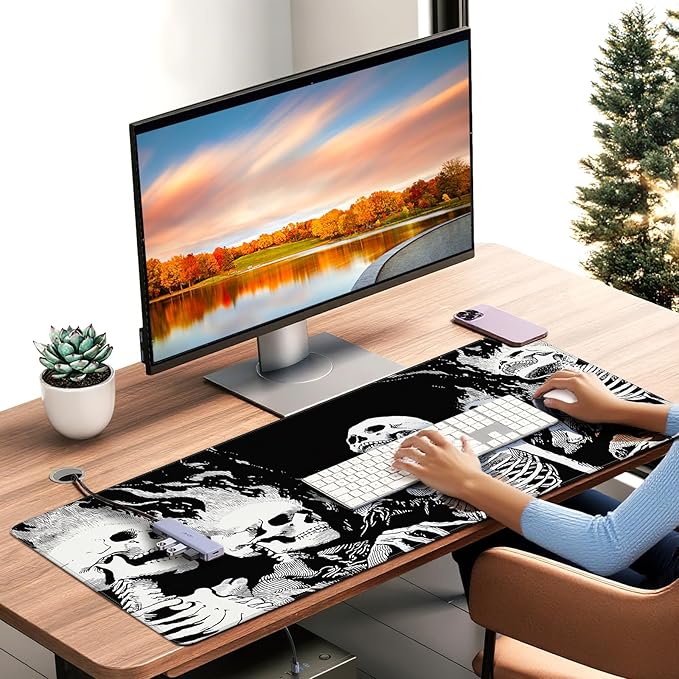 XXL Gaming Mouse Pad, Horror Skull Pattern Black and White, 35.4 x 15.7 Inches, Non-Slip Rubber Base, Waterproof Microfiber Cloth Surface