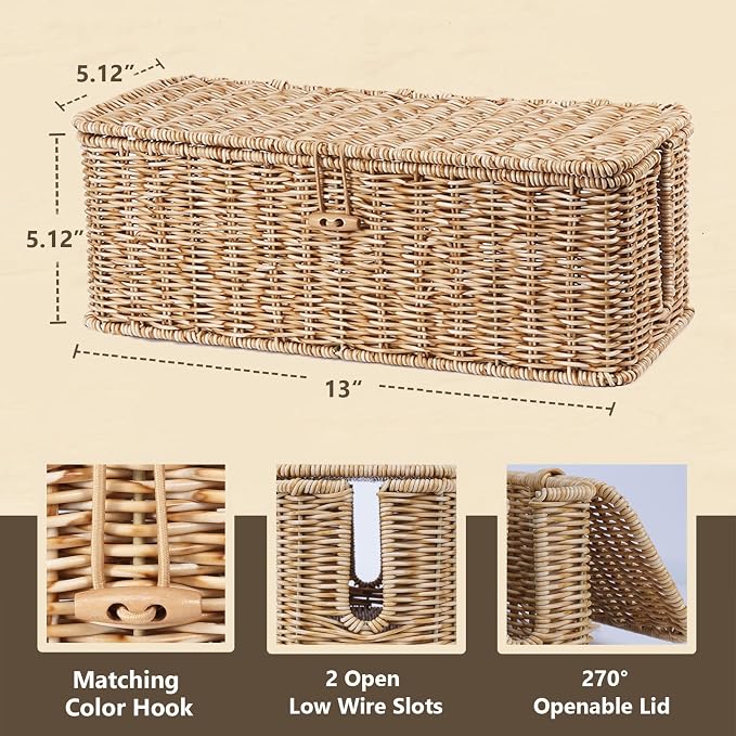 BROWNLILY Cable Management Box, Rattan Style Cord Organizer for Desk Cord Hider Outlet Covers Baby Proofing for Power Strip TV PC Router Charger Under Desk Storage - Natural Small - Image 2