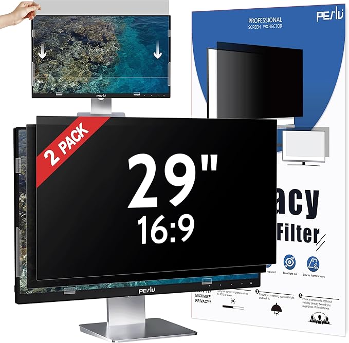 Peslv [2 Pack] 29 Inch Privacy Screen for Computer Monitor 21:9 Aspect Ratio, Eye Protection Anti Blue Light Glare Shield, 29inch Removable Black Blackout Anti Spy Desktop Security Private Filter