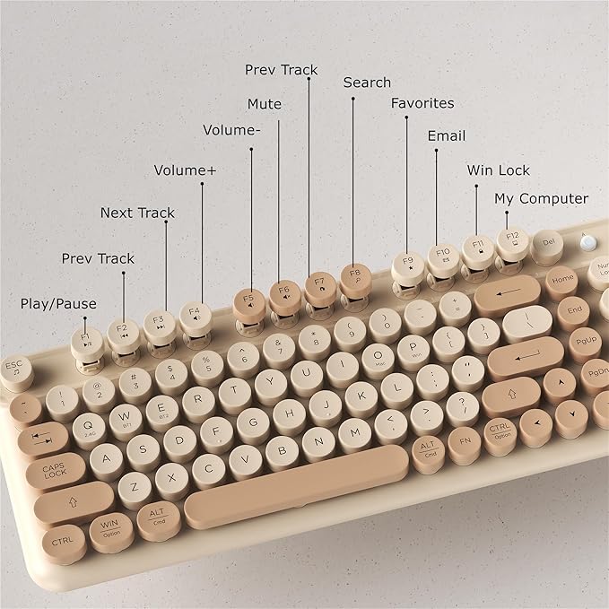 Wireless Bluetooth Keyboard - Full Size Retro Round Typewriter Style Wireless Keyboard with 2.4GHz & Bluetooth Dual-Mode Compatibility for PC, Laptop, Windows, Mac, and More (Milk Tea)
