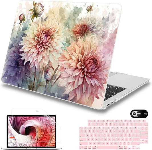 Mektron Case for MacBook Air 13 inch M1 A2337 A2179 A1932,Hard Cover 2018-2021 Air 13-inch with Touch ID, Exclusively Designed Protective Shell with Keyboard Skin+Screen Protector,Watercolor Dahlias