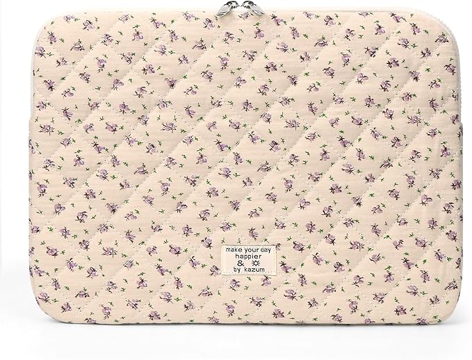 Puffy Laptop Sleeve Case Cute Computer Bag Flower Printed Quilted Laptop Carrying Cases Floral Pattern Protective Cover